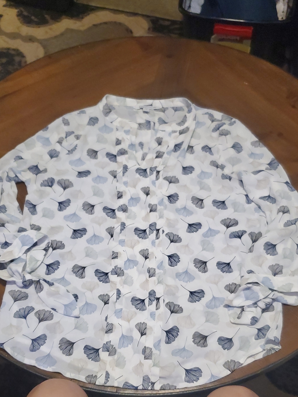 41 Hawthorn White Blouse with Blue and Gray Leaf Motif